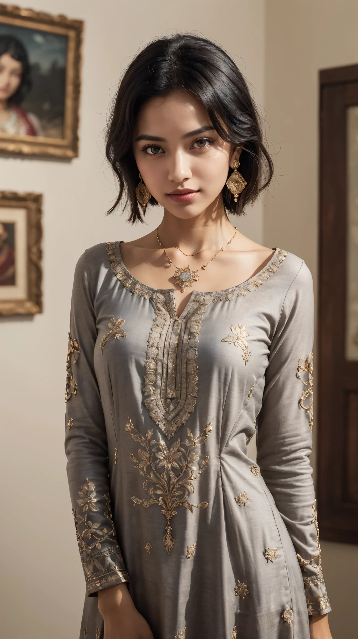1girl, (perfect body, perfect anatomy), beautiful face, perfect proportions, black hair, indian, beautiful dress, kurta, long sleeves, collarbone, necklace, earrings, intricate design, indoors, close up, posing, looking at viewer, ((Masterpiece, best quality, very aesthetic, absurdres))