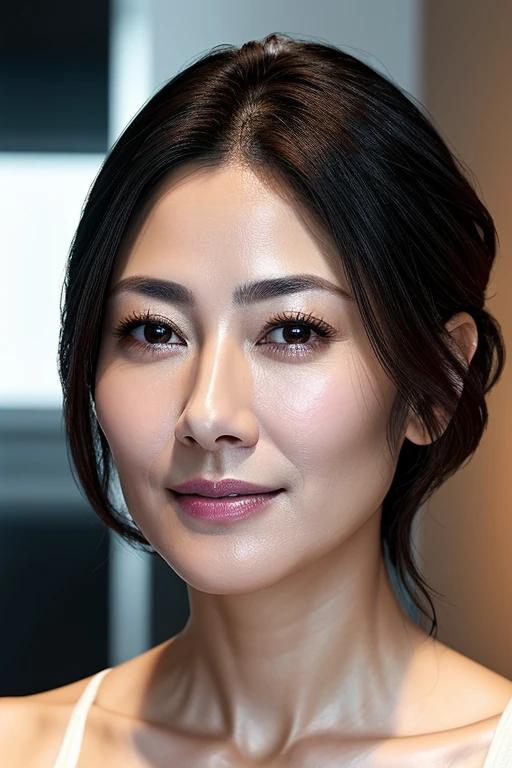Tabletop,,Awards - Winning Photos, Very detailed、45 years old、Black-haired、Glowing Skin、Face close-up,(Realistic nostrils)、Lens Distortion Removal、Realistic skin texture、Pore regeneration、profile、1 girl,Long, narrow nostrils、Beautiful Japanese actresses,