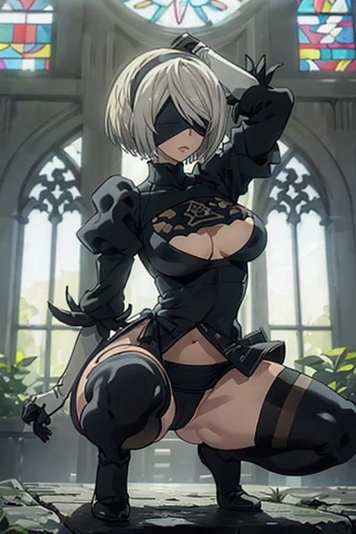 ((highest quality)), ((masterpiece)), (detailed), Perfect Face Anime Game Character 2B Yoruhano. 2 type b Nier Automata blindfold black eye mask eyes covered with bandages headband cosplay super beautiful shiny silver hair short bob hair high resolution two-dimensional beautiful girl big butt slim but big breasts glamorous_expensive_Tight waist_Girl with long legs, curves, shiny skin, camel toes, Juliet sleeves, knee-high socks, puffy sleeves, feathers, wearing a micro bikini, church, cathedral, stained glass, spotlight from above, sitting on a broken pedestal with rich ornaments, open crotch and squatting, flexing arms、How to sit、Boldly spread your legs、(Anatomically correct) Place your hands behind your head from below