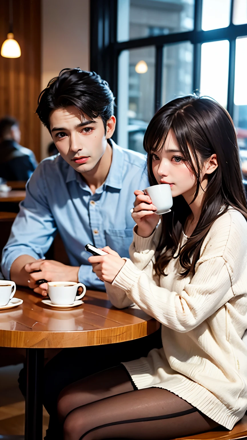 Beautiful man and woman drinking coffee in a cafe、Couple