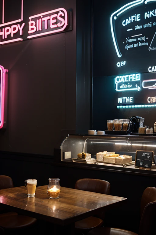 A cafe that sells cake and coffee, with the words 'MOORI bites' on the wall, made of neon lights, in a calm and peaceful atmosphere