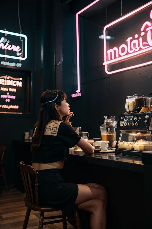 A cafe that sells cake and coffee, with the words 'MOORI bites' on the wall, made of neon lights, in a calm and peaceful atmosphere