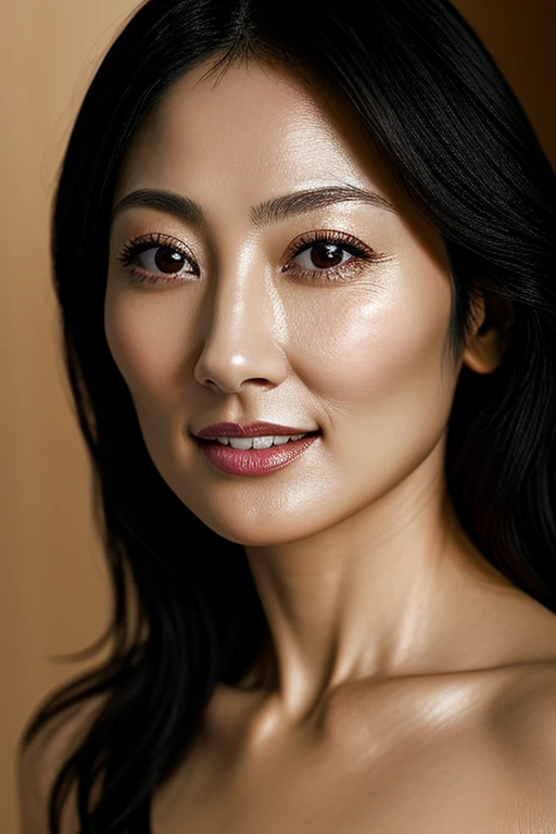 Tabletop,,Awards - Winning Photos, Very detailed、Age 35、Black-haired、Glowing Skin、Face close-up,(Realistic nostrils)、Lens Distortion Removal、Realistic skin texture、Pore regeneration、profile、1 girl,Long, narrow nostrils、Beautiful Japanese actresses,