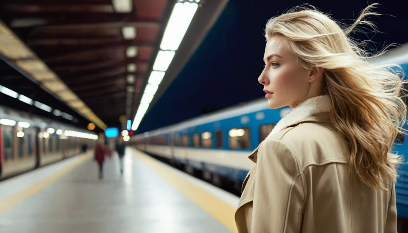 back view of A beautiful blonde stylish woman walking forward on a platform beside a train at the train station in a megacity at night and turning back looking back to the viewer. She has (long wavy blonde hair blown in the wind), wearing beige colored coat with white blouse, Award - winning photograph, Masterpiece, 8k, ultra high res, hyper detailed, beautiful woman, perfect face, rule of thirds, highly detailed hair, ((detailed face)), ((detailed facial features)), (finely detailed skin), pale skin, intricate details, amazing fine detail, photorealistic, photograph, photorealism, rich colors, lifelike texture, neutral colors, Soft front light,cinematic lighting, dramatic lighting,dappled light on face, backlight on hair, sharp focus, wide angle, film grain, dslr, raw photo, photographed on Nikon