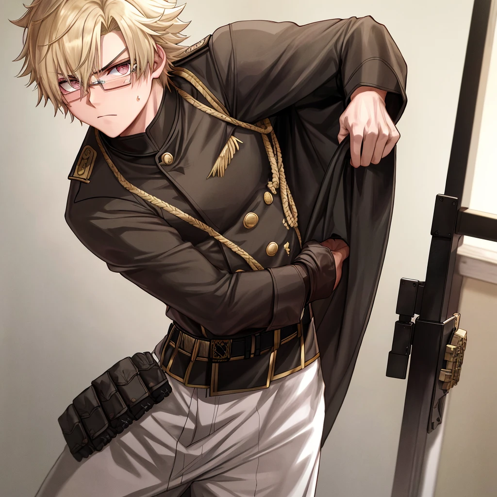 An anime boy with a soldier-like demeanor, lightly dressed for combat, dons a hunter's attire in the purest white. His venerable appearance adds gravitas to his youthful visage. Blonde hair frames his focused face, and his intense gaze fixates on a distant target. His muscular build is evident beneath the loose fabric of his garb, as beads of sweat glisten on his brow. With pride and determination etched onto his face, he readies himself for the mission at hand.