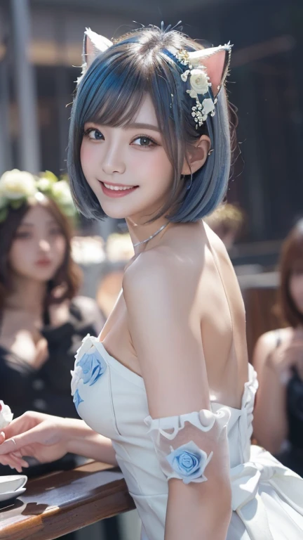 masterpiece, 4K, Bokeh, Beautiful Face, (Multiple Girls:1.4), Harem, (Group photo:1.2), (Cat ear:1.3), (blue medium bob hair:1.4), (White Theme:1.6), Looking at the audience, (White Rose:1.4), (White cafe background:1.5), (Cowboy Shot:1.4),Wearing a see-through Chinese dress、Ash gray hair color、Beautiful smile