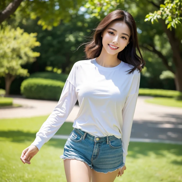 (highest quality、table top、8k、best image quality、Award-winning work)、one cute girl、(perfect long sleeve white t-shirt:1.1)、(shorts:1.1)、Alone、perfect beautiful composition、(big breasts:1.1)、(emphasize body line:1.1)、slender body、the biggest smile looking at me、(Background of a walking course in a beautifully maintained and elegant park:1.1)、(Walk along a deep and beautiful walking course:1.1)、(Strongly blurred background:1.1)、(stand gracefully:1.1)、natural makeup、Ultra high definition beauty face、ultra high definition hair、Super high-definition sparkling eyes、(Super high resolution glossy skin:1.1)、Super high resolution glossy lips、(accurate anatomy:1.2)、(very bright and vivid:1.1)