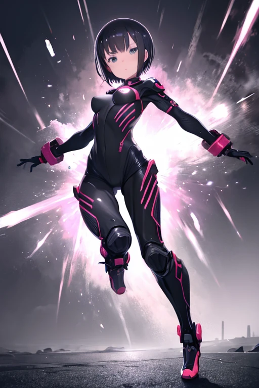 masterpiece、highest quality、High resolution、Very detailed、Medium wide shot、Cowboy Shot、 anime, girl, boyish,Black Hair,Super Short Hair,Rider Suit, ((Flashy boots)), (rider kick,) A composition that emphasizes the legs and boots, Shocking effects,