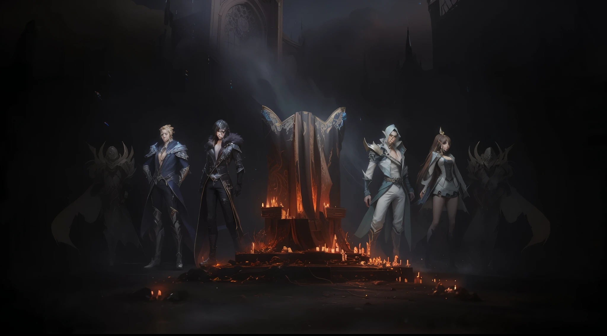 一个Magic style的王座,There are several game characters standing next to it.,Magic style,Dark Style,League of Legends design style,Secret environment,High quality details,8K