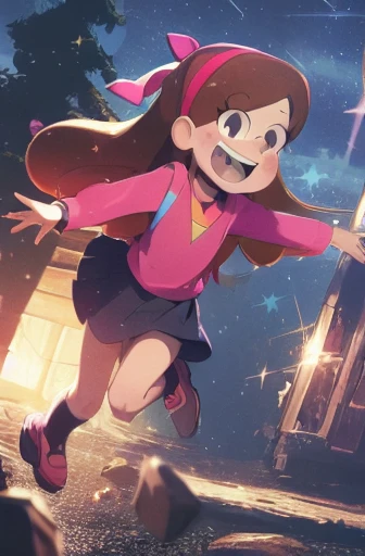 (medium:1.1), vibrate colors, Mabel Pines, day, masterpiece, best quality, Mabel, 1girl, 9yo, flat chest, beautiful detailed eyes, beautiful detailed lips, whimsical, detailed landscape, Gravity Falls mystic, depth of field, night, light particles, light rays, sidelighting, thighs, fate \(series\), solo, long hair, red sweater, long sleeves, brown hair, black eyes, pink hairband, star \(symbol\), purple skirt, smile, braces, open mouth, sweet, shoes, blush stickers, round teeth, buck teeth, tree, blue sky, wide hips, outdoors, Gravity Falls style, stars, glitter
