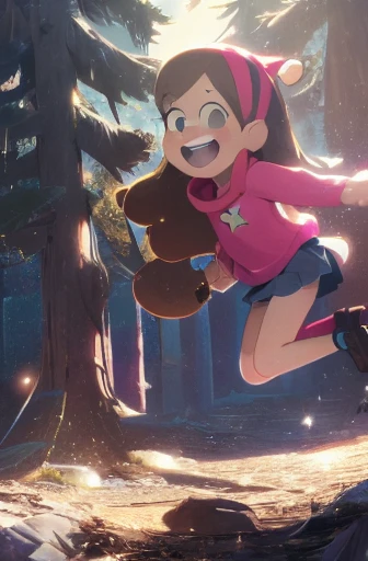 (medium:1.1), vibrate colors, Mabel Pines, day, masterpiece, best quality, Mabel, 1girl, ***, flat chest, beautiful detailed eyes, beautiful detailed lips, whimsical, detailed landscape, Gravity Falls mystic, depth of field, night, light particles, light rays, sidelighting, thighs, fate \(series\), solo, long hair, red sweater, long sleeves, brown hair, black eyes, pink hairband, star \(symbol\), purple skirt, smile, braces, open mouth, sweet, shoes, blush stickers, round teeth, buck teeth, tree, blue sky, wide hips, outdoors, Gravity Falls style, stars, glitter
