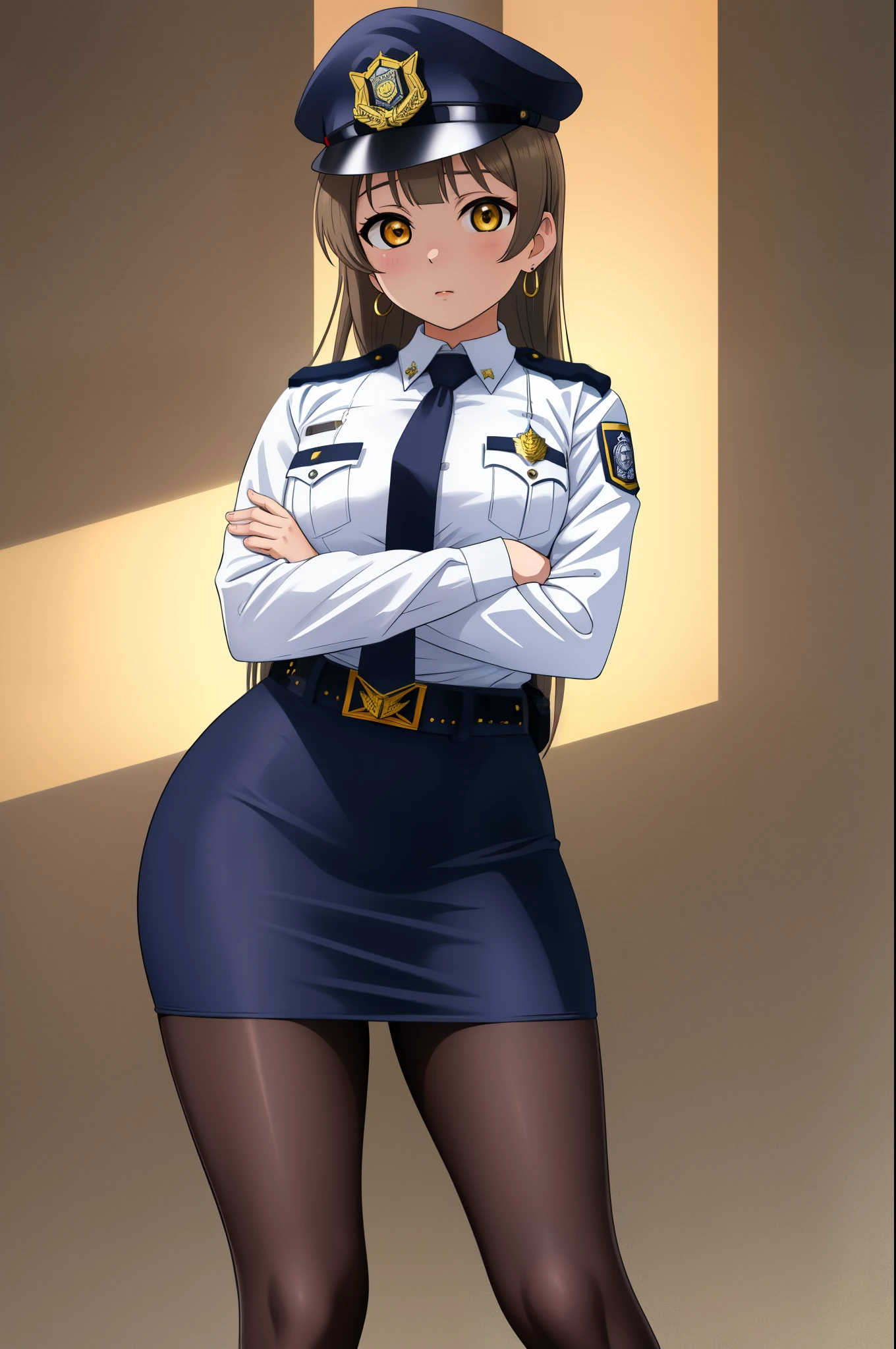 Masterpiece, best quality, (contrapposto:1.2),(detailed face), minami kotori, curvy body ,white shirt,half sleeves,earrings, pencil skirt, necktie , standing, crossed arms,police cap,in police station, cowboy shot, thighs, wide hips , solo ,loose belt, pantyhose , skin tight  