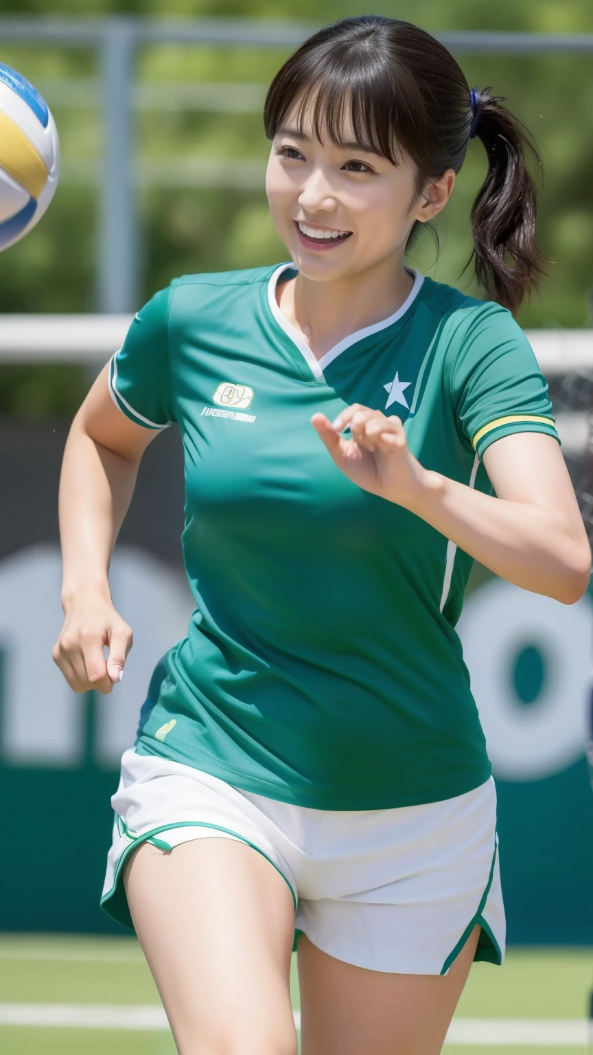 ((highest quality, 8k, Representative works in detail, Ultra-high resolution)), (Japanese女性の集合写真), (Looking at the audience), (Mid Shot:), Ｖalliance、Attractive volleyball player、純粋なJapanese女性のみ ,美しいJapanese。純粋なJapaneseの顔、 expensive、Long legs、Large Breasts、Identify the shape of your nipples、A little chubby:0.25, Green Volleyball Uniforms、Short sleeve shirt,Shorts、Knee support、Sports boots、Gymの 床に座っている)), Japanese、smile, sweating、Gym、
