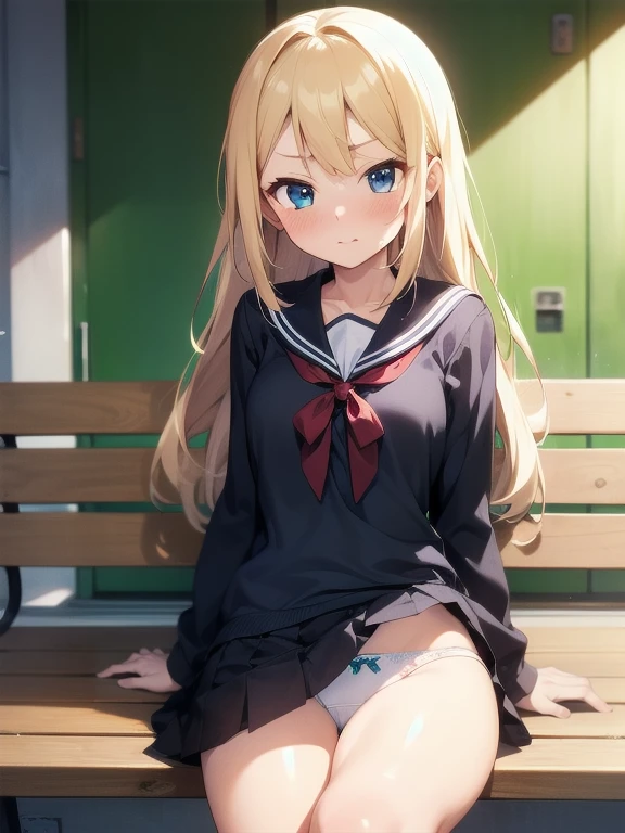 Super resolution video、8K、highest quality,One Girl, alone,cute,Innocent Beautiful Girl,Flat Chest,A beautiful face that still retains a youthful look,Summer sailor uniform,Mini Pleated Skirt、The hairstyle and hair color change randomly.,Sitting on a bench、Embarrassed,Staring at the audience,Beautiful eyes, Delicate depiction ,She spreads her legs、Shyly showing off her panties、She shows off her white frilly panties to the viewers.、Cute design panties、
