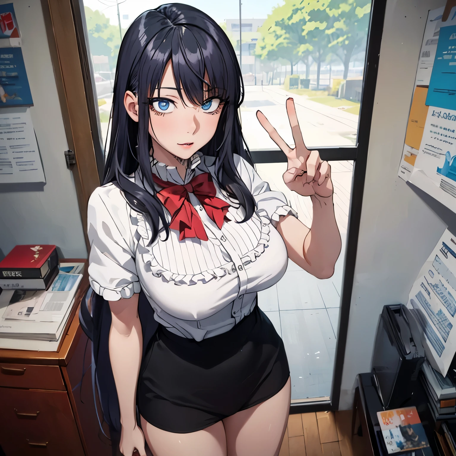 (highest quality, 4K, 8K High Resolution, masterpiece:1.2), Very detailed, one person, woman, (Black Hair, Long Hair, blue eyes), Standing pose, Sexy vibe, Attractive breasts, Magic Hour, (Office Uniform), Emphasis on individuality and uniqueness, Fine and beautiful eyes, Beautiful lip detail, Long eyelashes, Bright colors, Photo Spot, In front of a white wall, Cowboy Shot, Soft and warm color palette,Hand peace sign.