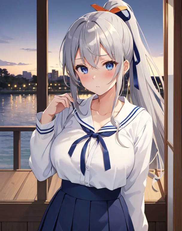 (((masterpiece))), ShizukaMikazuki, One Girl, alone, View your viewers, Long Hair, Gray Hair, Long sleeve, Cleavage, Large Breasts, Mature Body,clavicle,, blue eyes, High Ponytail, The look of temptation,Embarrassed face, Japanese high school student’s uniform, White blouse,Orange chest ribbon,Navy blue mini skirt,Navy blue head ribbon,City at Dusk
