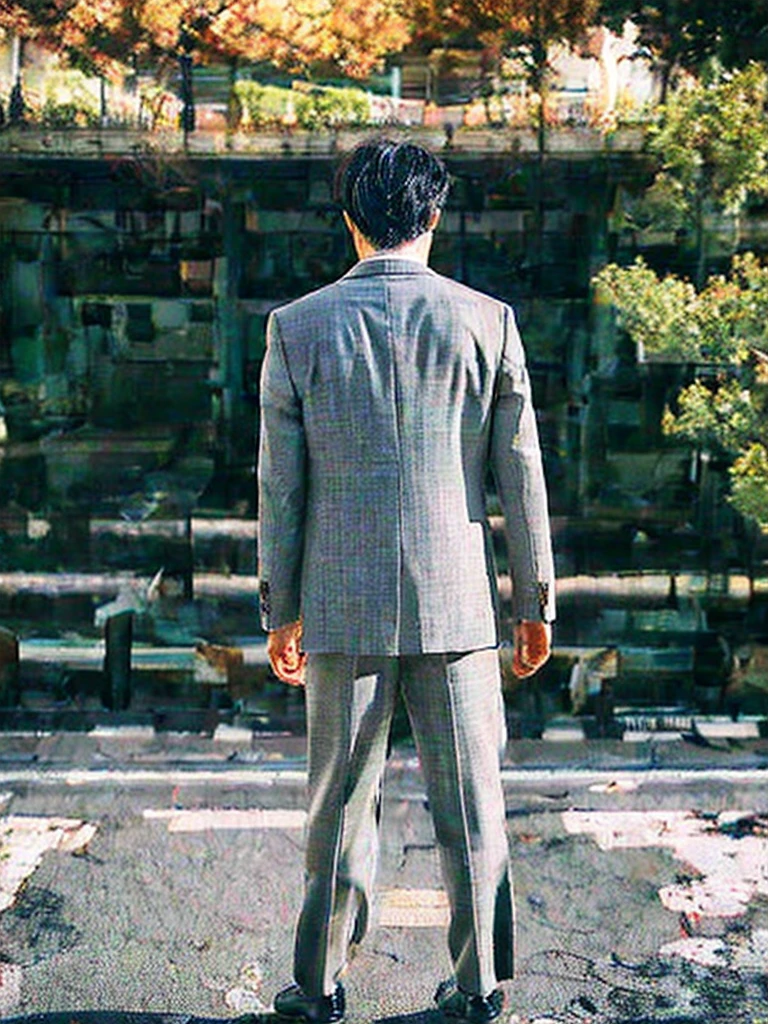 Japanese, male, alone, whole body,
suit,
Photo from behind,