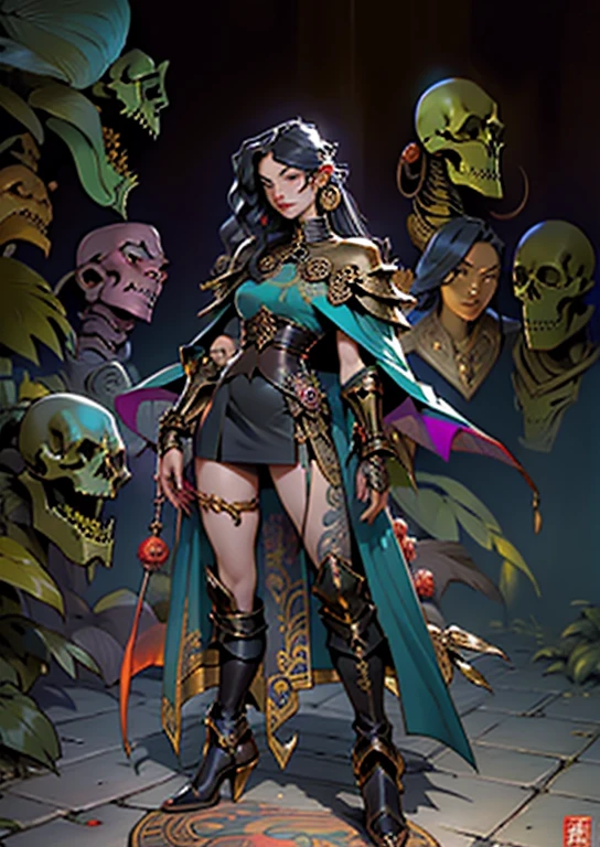 Surreal mage, full-length portrait, long green curly hair, crow feather cape, brass shoulder armor, boots, poisonous insect staff, bone headdress oriental horror, leather hip skirt with unique cut, brass headdress, Chinese totem, skeleton ornament of fantasy creatures, copper complex collar, interesting character design, corrosive venom, corrosive spells, giant foot worm bones, League of Legends character design style