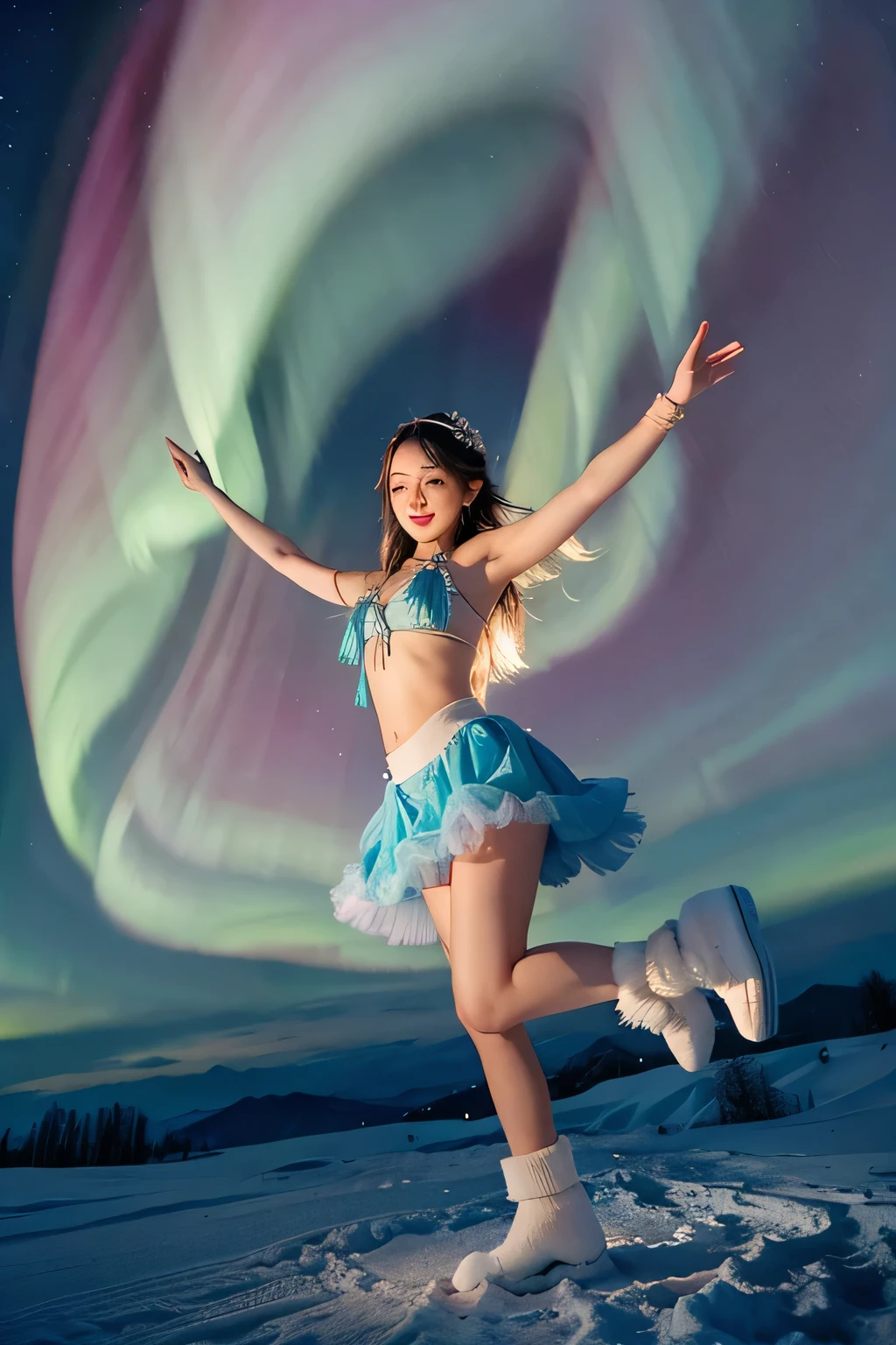 Beautiful aurora passes through the clouds and dances in the snow