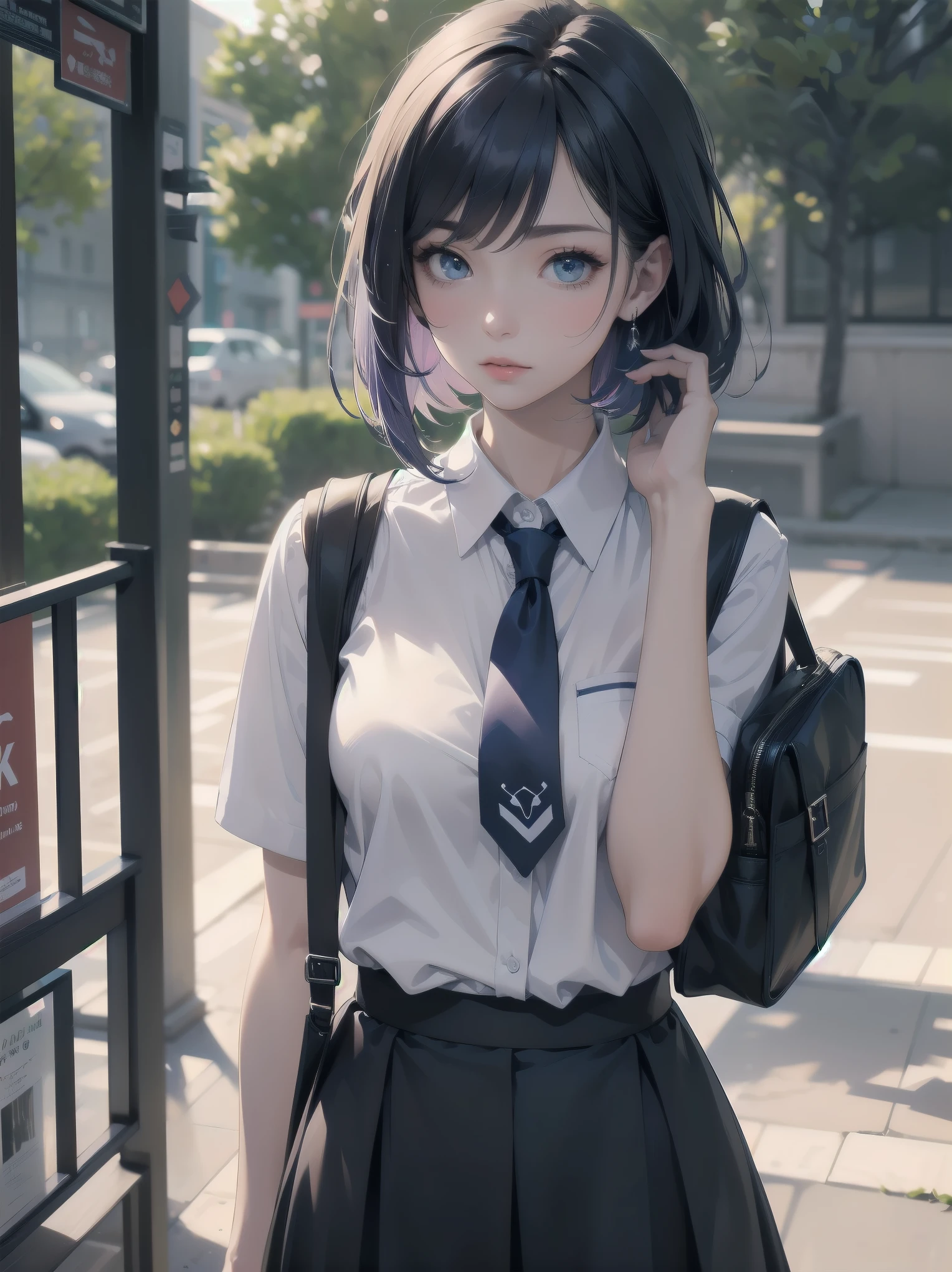 Masterpiece, top quality, super detailed, 16k, One girl, spring, high school, warm colors, school bag, accurate and highly detailed background, flock of schoolgirls in uniforms of various body shapes and hairstyles, cute. Blake. akane kurokawa, 1girl, short hair, blue hair, green eyes, black hair, medium hair, white shirt, collared shirt, , vest, white shirt, sweater vest, black vest, blue necktie, one-length bob, create bangs, add some lightness to the area around the face, and leave the ends of the hair thick throughout. dark blue-purple hair, blue eyes