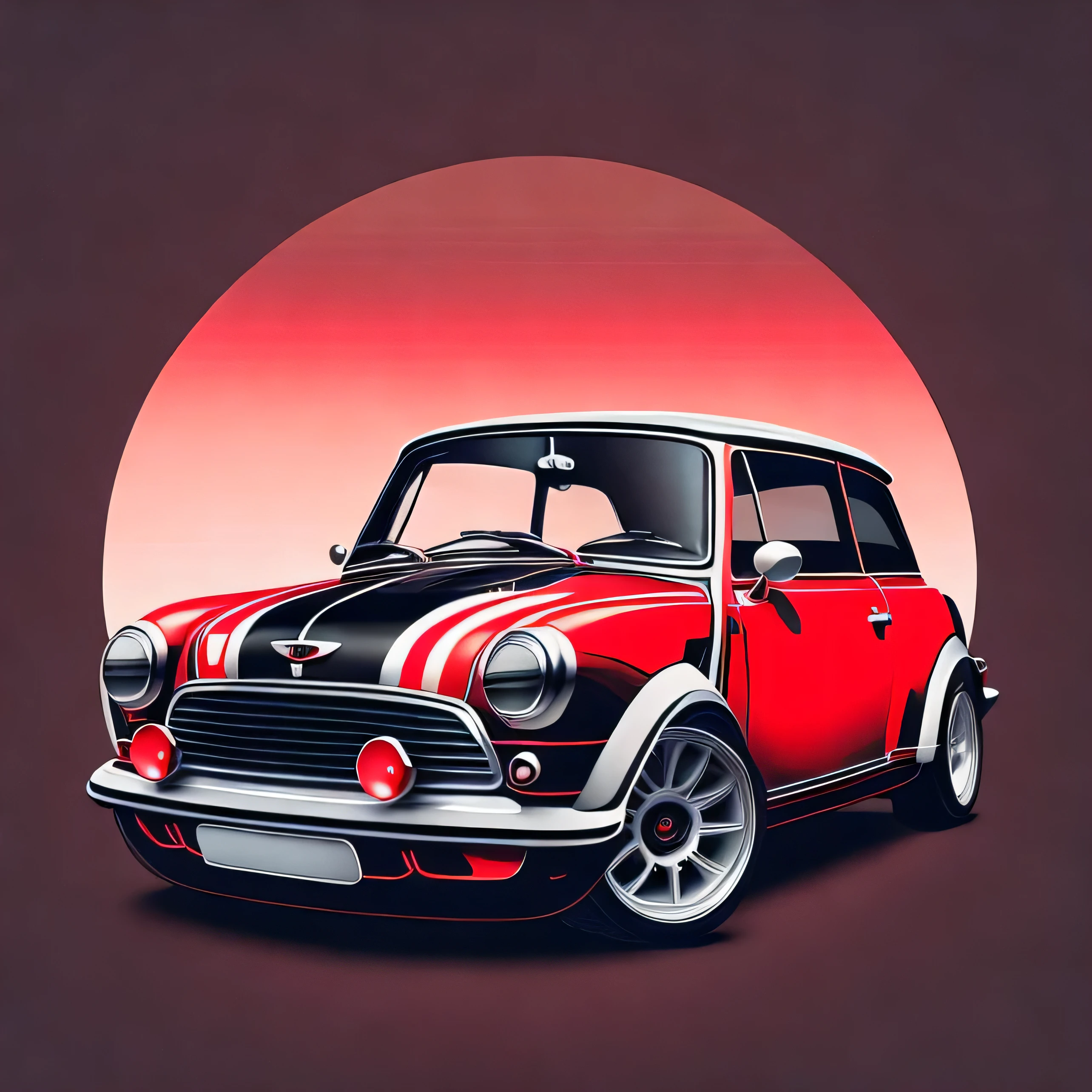 Artwork for t-shirt graphic design, a retro graphic design, Mini Cooper S R53, street, bold red color, background in vintage pastel tone, highly detailed clean, vector image, realistic masterpiece, professional photography, realistic car, car sunrise background, flat black background, isometric, vibrant vector