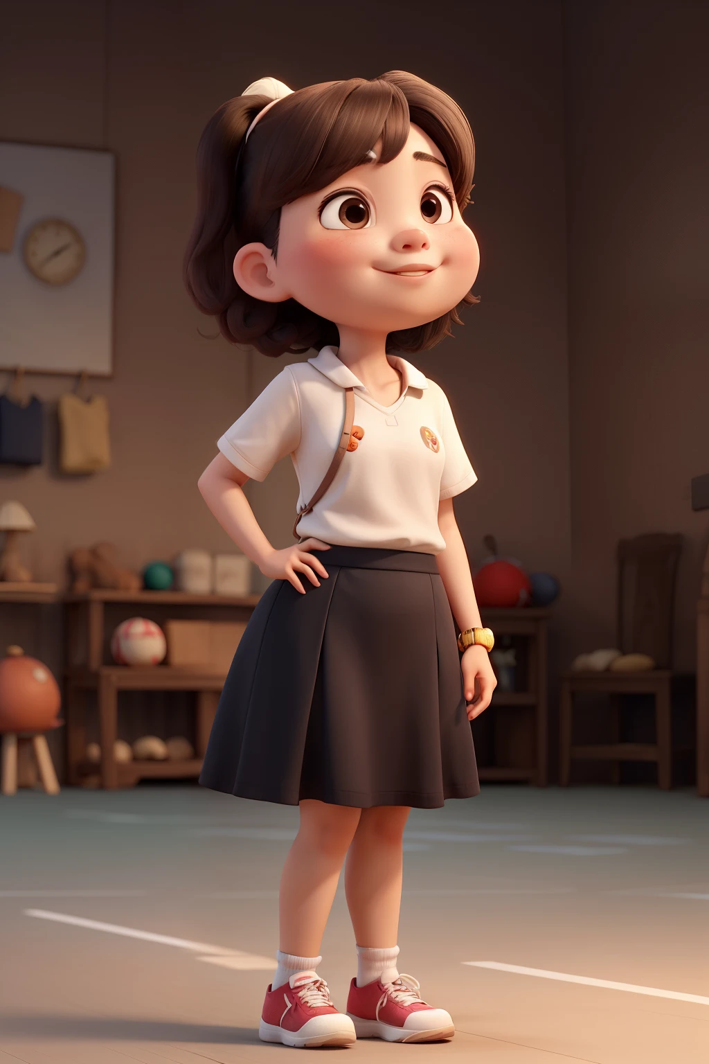 (best quality), Young Asian woman, fat, round face, mushroom head, black eyes, tennis skirt, looking up happily, full body front view