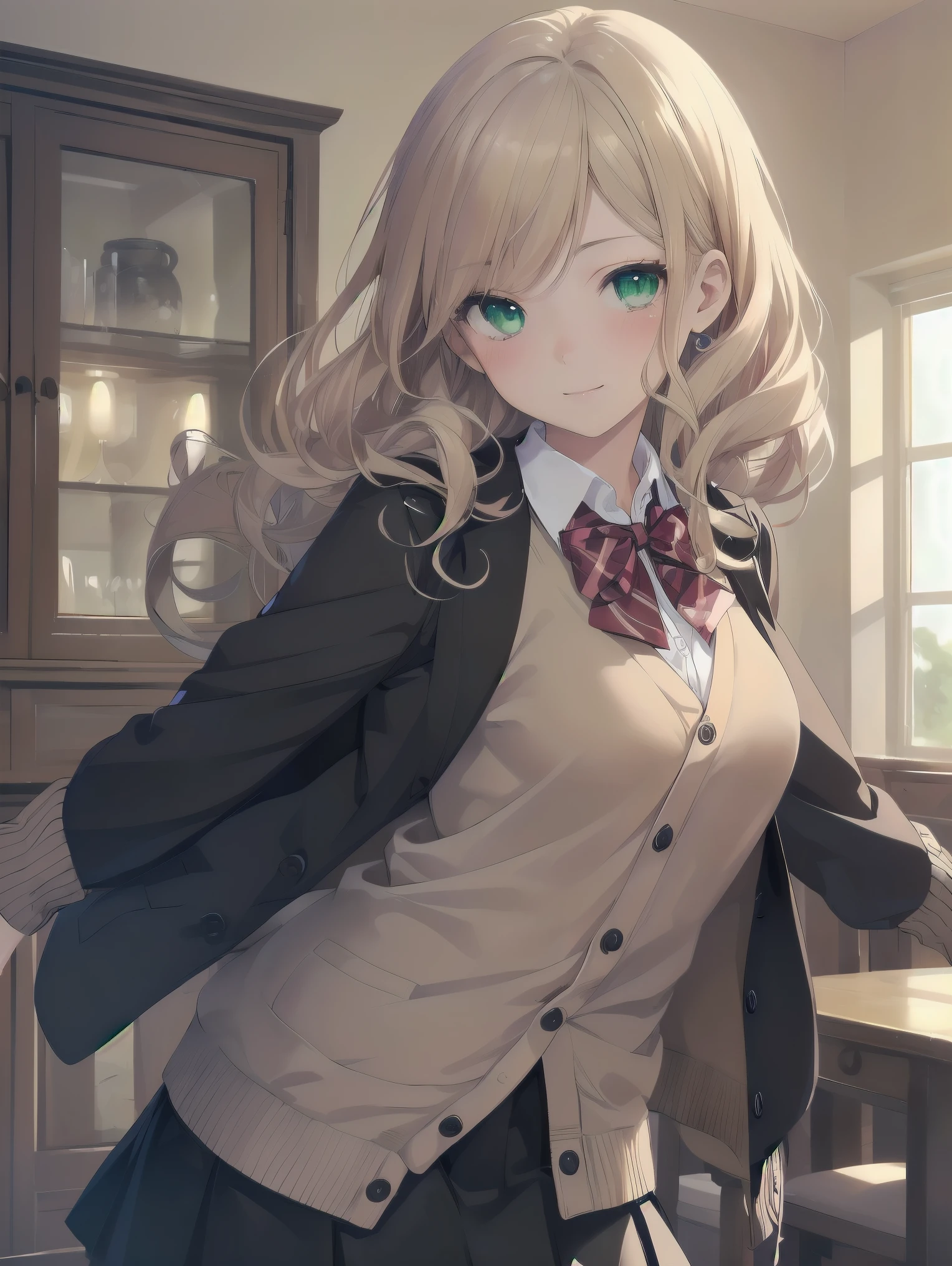 ((Tabletop, highest quality, High resolution, Perfect Pixel, Depth of written boundary, 4K))), One Girl, single, alone, Beautiful Anime Girls, Beautiful art style, Anime characters, ((Long Hair, bangs, Dark brown hair, Curly Hair:0.8)), ((Green Eyes:1.4, Fine grain, Beautiful Eyes, Perfect Eyes,Curled eyelashes, Realistic eyes)), ((Detailed face, Blushing:1.2)), ((Smooth texture:0.75, Realistic texture:0.5, Anime CG Style)), Medium chest, Dynamic Angle, Big Breasts, Perfect body, Dynamic pose, ((Red bow tie, , Black jacket, Open jacket, Brown cardigan, White shirt, Black Skirt, Checked skirt)), smile, Open your mouth, Put your arms behind your back, Leaning forward, Amalment Park