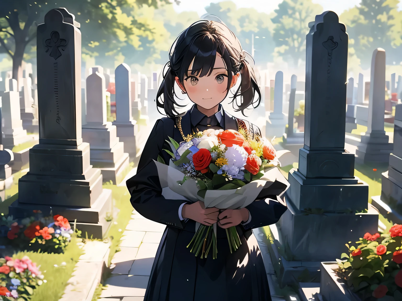 Martyrs' Cemetery,in front of tombstone,A bouquet of flowers,A young woman,Memorial,miss