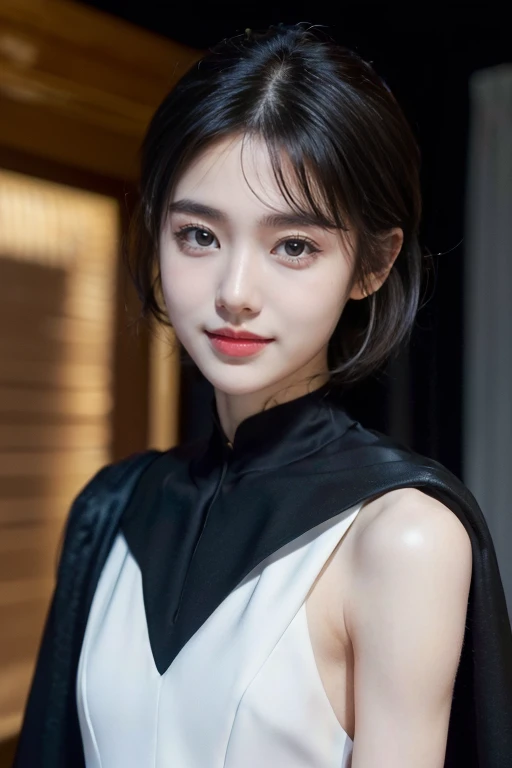 ((((8k))),((Extremely detailed CG)) ,(Photo for ID),16k,((Very sophisticated and beautiful)),(((masterpiece))),(((highest quality))),(((超High resolution))),Beautiful lighting,Perfect Lightning,Realistic shadows,((High resolution)),(Smooth and perfect white skin:1.5),(Pale skin:1.3),(Extremely detailed facial details:1.2),(Perfect body:1.1),(Very detailed),((Beautiful girl,alone)),(Small Head:1.2),(High Top Fade:1.4),(Small face:1.2),(Baby Face:1.3),(Exquisite makeup:1.2),(Muscular chest:1.2),(Muscular chest:1.2),(slim:1.3),(Happy:1.2),(Laughter:1.2),(Black suit:1.3),(Night view:1.5),(indoor:1.2),(Are standing:1.3),(Face close-up:1.3),(from the front:1.3),