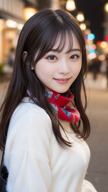 highest quality、disorganized、super detailed、finely、High resolution、8k wallpaper、perfect dynamic composition、beautiful and fine eyes、Gorgeous white fluffy Tokyo winter clotheedium hair、big breasts、Scarf、natural color lip、bold sexy pose、smile、Cafe、Japanese、15 year old girl、cute、sexy shot looking at camera、Always blur the background、perfect and beautiful face,Take only the face、beautiful and detailed face、slim face and style
