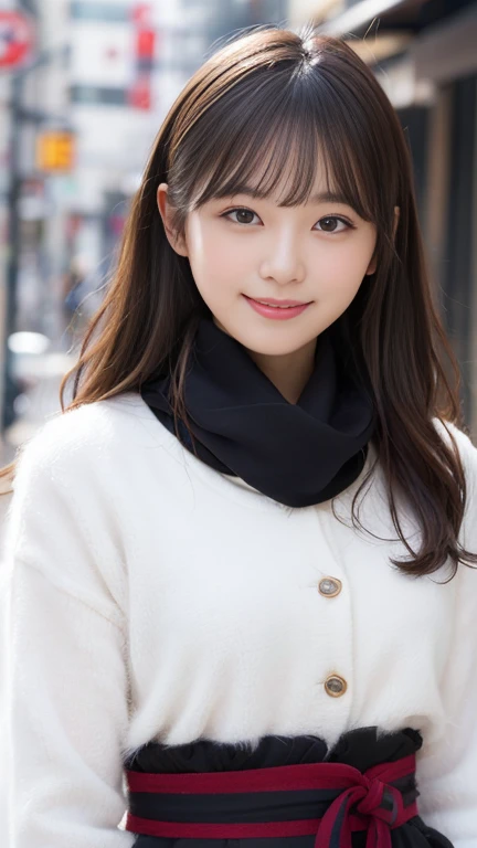  highest quality、disorganized、super detailed、finely、High resolution、8k wallpaper、perfect dynamic composition、beautiful and fine eyes、Gorgeous white fluffy Tokyo winter clotheedium hair、big breasts、Scarf、natural color lip、bold sexy pose、smile、Cafe、Japanese、15 year old girl、cute、sexy shot looking at camera、Always blur the background、perfect and beautiful face,Take only the face、beautiful and detailed face、slim face and style