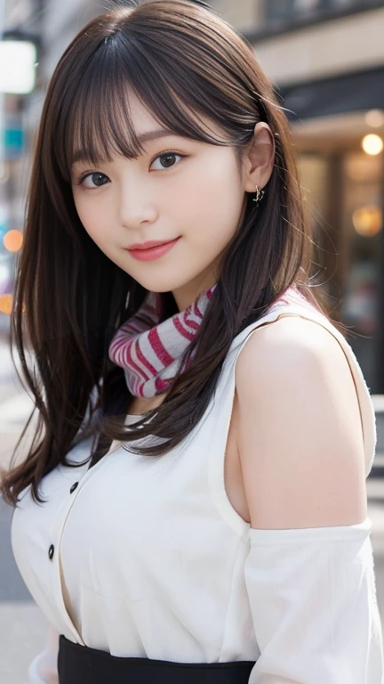 highest quality、disorganized、super detailed、finely、High resolution、8k wallpaper、perfect dynamic composition、beautiful and fine eyes、Gorgeous white fluffy Tokyo winter clotheedium hair、big breasts、Scarf、natural color lip、bold sexy pose、smile、Cafe、Japanese、15 year old girl、cute、sexy shot looking at camera、Always blur the background、perfect and beautiful face,Take only the face、beautiful and detailed face、slim face and style