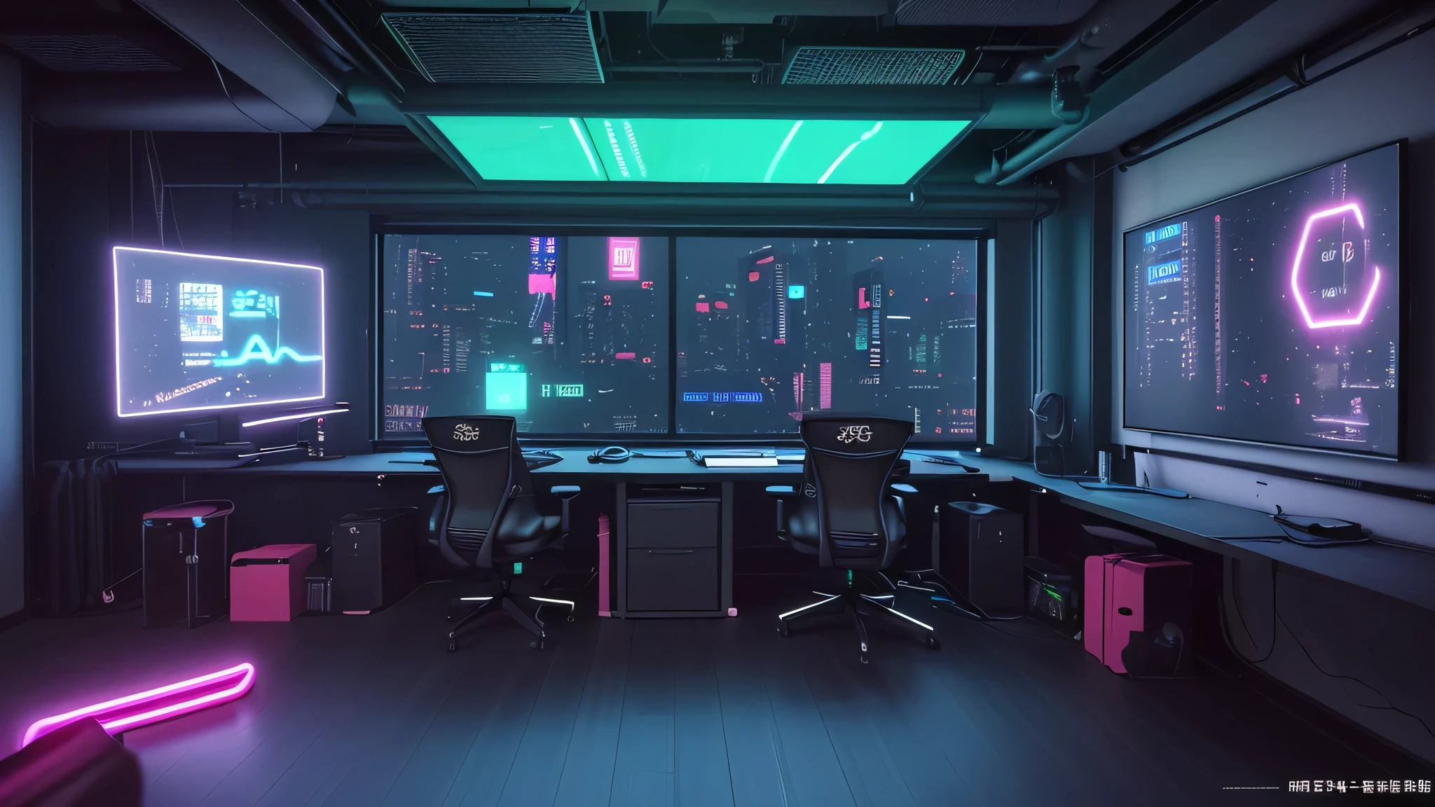 Realistic neon studio setup in the room,Cyberpunk Background,Front view,There is a big window behind,There is also a desk.。Do not show tasks and chairs。