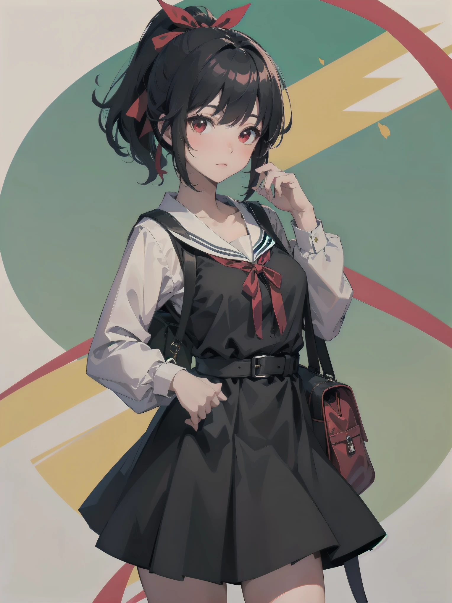 Masterpiece, top quality, super detailed, 16k, One girl, spring, high school, warm colors, school bag, accurate and highly detailed background, flock of schoolgirls in uniforms of various body shapes and hairstyles, cute. Blake. , red eyes, black hair, ribbon, red ribbon, hair ribbon, parted bangs, folded ponytail, , shuuchiin academy , dress, sidelocks, breasts, black dress, collarbone, short hair, long sleeves