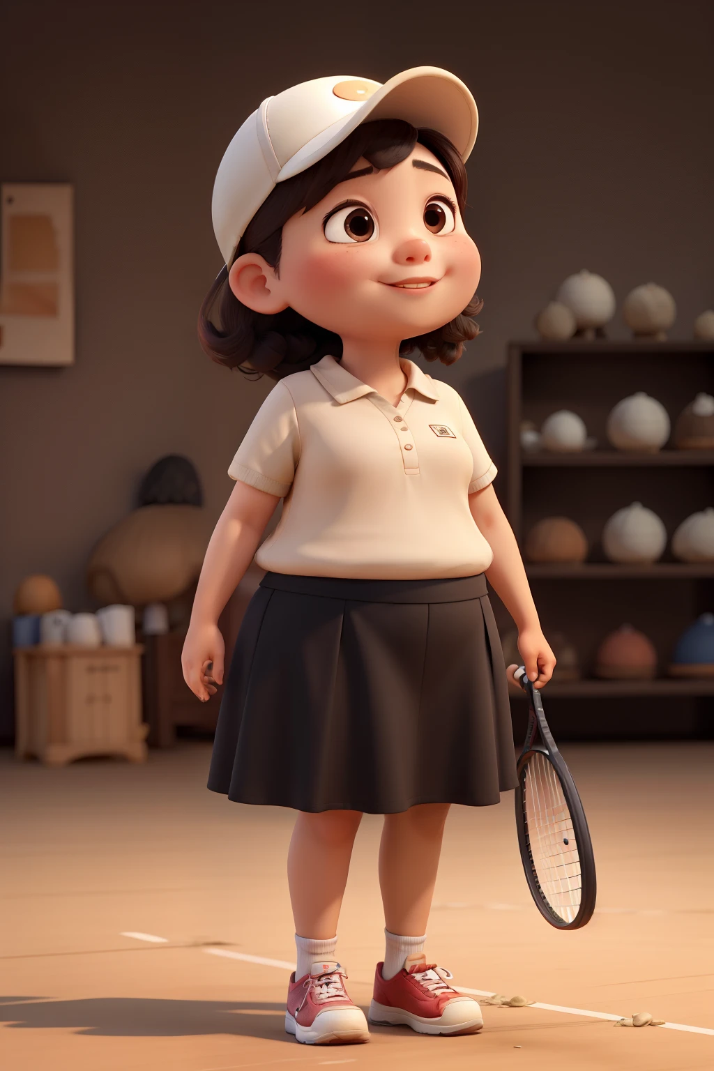(best quality), Young Asian woman, fat, round face, mushroom head, black eyes, tennis skirt, looking up happily, full body front view
