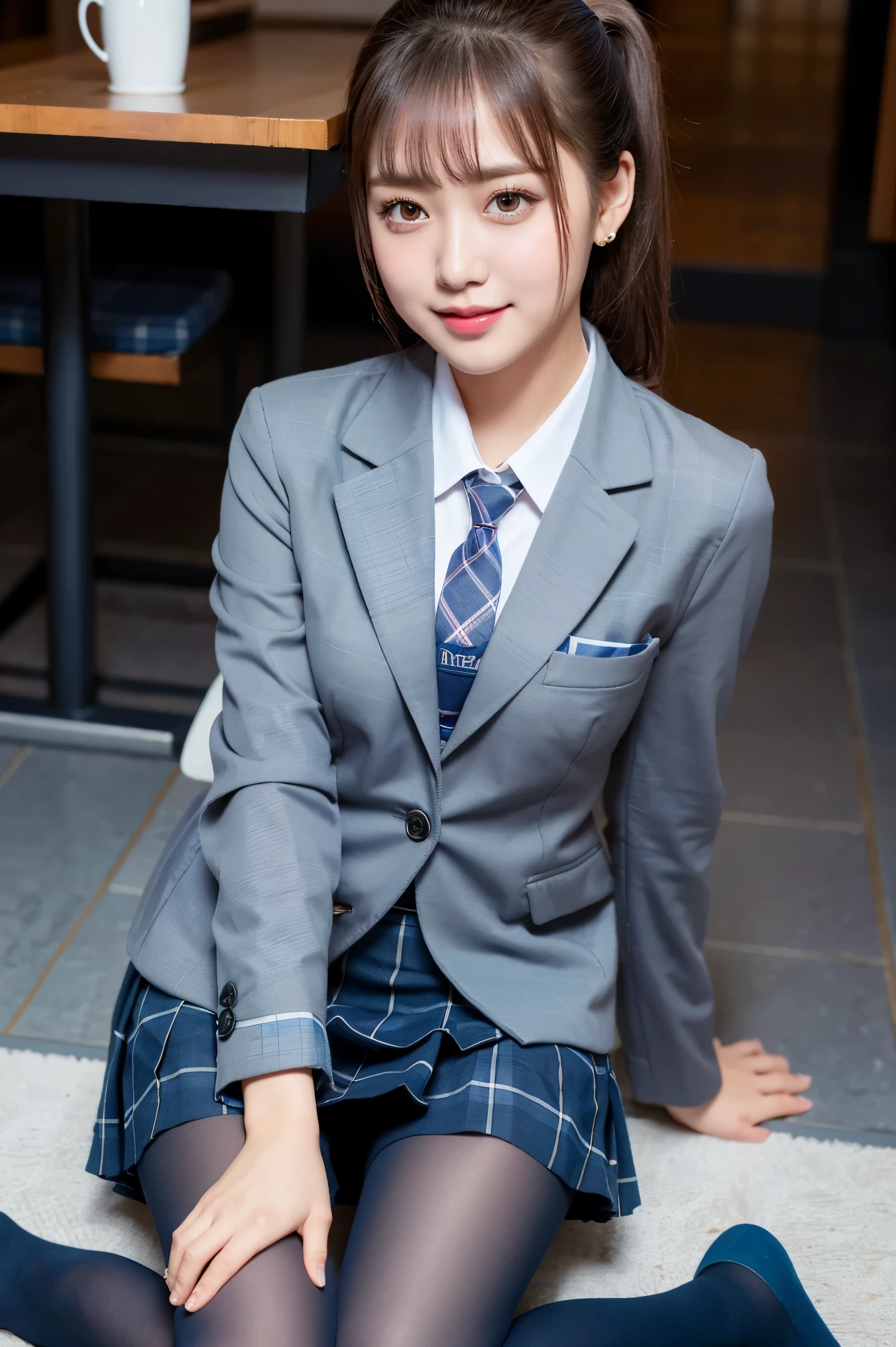 (8k), (highest quality: 1.2), (Realistic), (Realistic: 1.37), Ultra-high resolution, (1 girl), cute, smile, Mouth closed, Beautiful details, Beautiful Nose, Wet Hair, ponytail,Giant Dulcefo, pork, Thighs,Self Snap,University uniform,simple(Navy Blue Blazer:1.2),Pleated skirt,(The skirt and tie are gray tartan check pattern.....:1.3),(Sitting:1), Sit on the ground,(Hug my feet:1),(Pink Pantyhose),from the front,knees