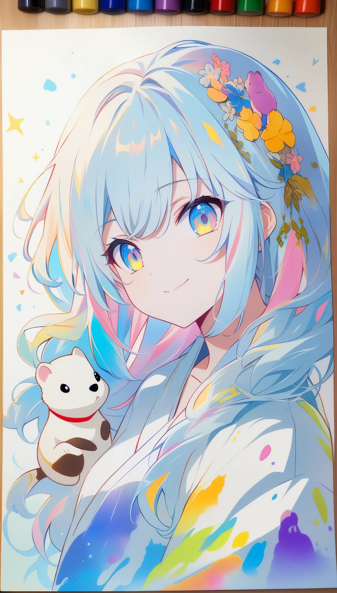**Japanese anime, A picture that looks like it was drawn with Copics,crystal style, crystal clear,girl with ferret, under the blue moon, ferret, it was meticulously written, picture with elaborate writing, cute girl over smile, with Ferret,Flower, bold and strong line drawing, vivid acrylic painting, vivid thick paint, vivid, plain background, beautiful proof, highest resolution 16K, beautiful anime girl that is betrayeded by a Ferret, hair is short, ferret, Beautiful lightcyan high lights in her beautiful kind eyes, background is twinkle,Beautiful girl with a loose airy bright colorful hair with diamond high lights,Transparent dress, ,thick aquarelle colors,colorful,honeydew and diamond, lightcyan and white and light Effects,wallpaper,architecture,High quality, high image quality, great amount of drawing,pixiv illustration, transparency, Japanese anime,upper body,white tone, delicate brushwork,distinct color,