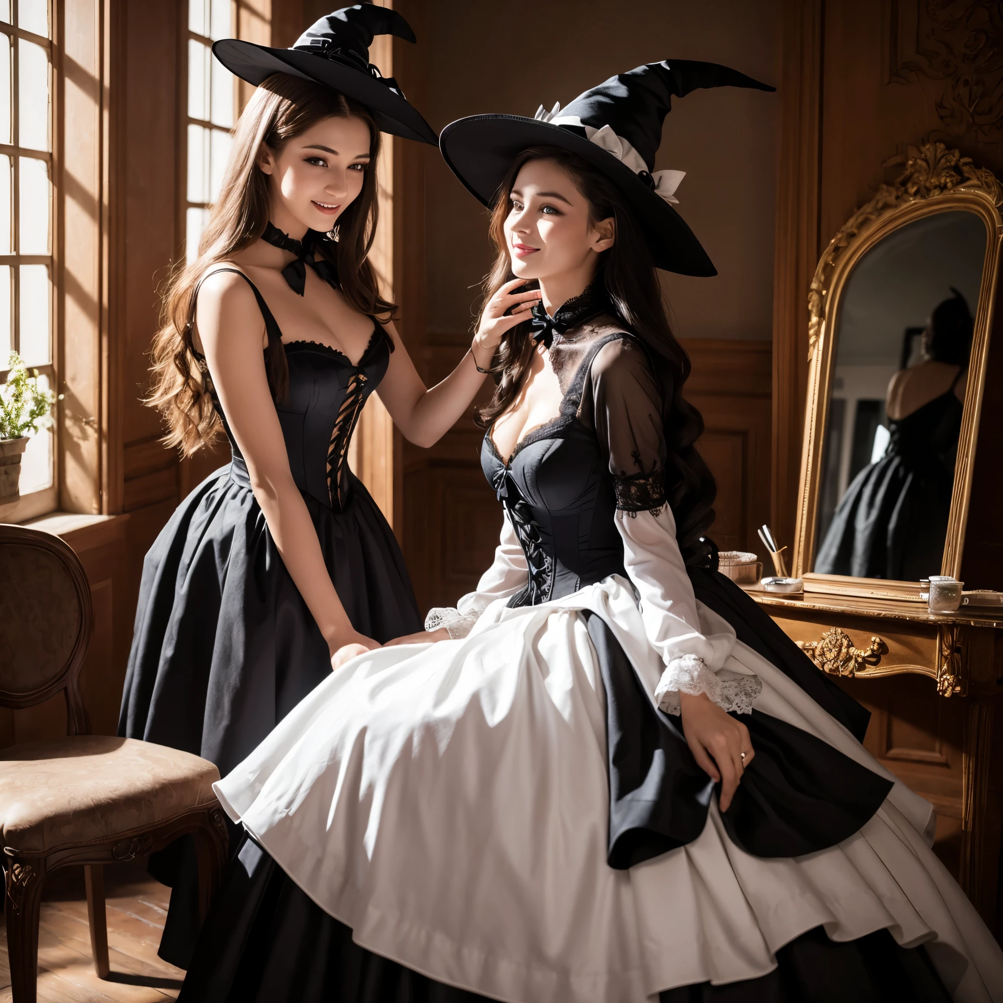 best quality,ultra-detailed,realistic,photorealistic,blue-eyed,long-haired girl looks happy,beautiful detailed eyes,beautiful detailed lips,long eyelashes,best quality painting,detailed,physically-based rendering,ultra-fine painting,fine details,painting,a teenage boy has been magically transformed into a cute witch girl,gender bending,witches are helping dressing up the new girl,girl happily getting dressed in a stunning black victorian dress, physically-based rendering,gorgeous dress design,flowing gown,elaborate lace details,rich textures,contrast stitching,delicate ribbon bows,floral accents,full skirt,high neckline,long sleeves,fitted waistline,flared cuffs,lace-up back,luxurious fabrics,flawless silhouette,high heels, pink-eyed girl,effeminate face,pointy hat,high heels,corset,long black hair,witches assisting in dressing up the new girl in a stunning black Victorian dress, inside an abandoned castle with worned out furniture and occult symbol,moonlit night with a full moon shining above, soft and ethereal lighting, high resolution, 4K, 8K