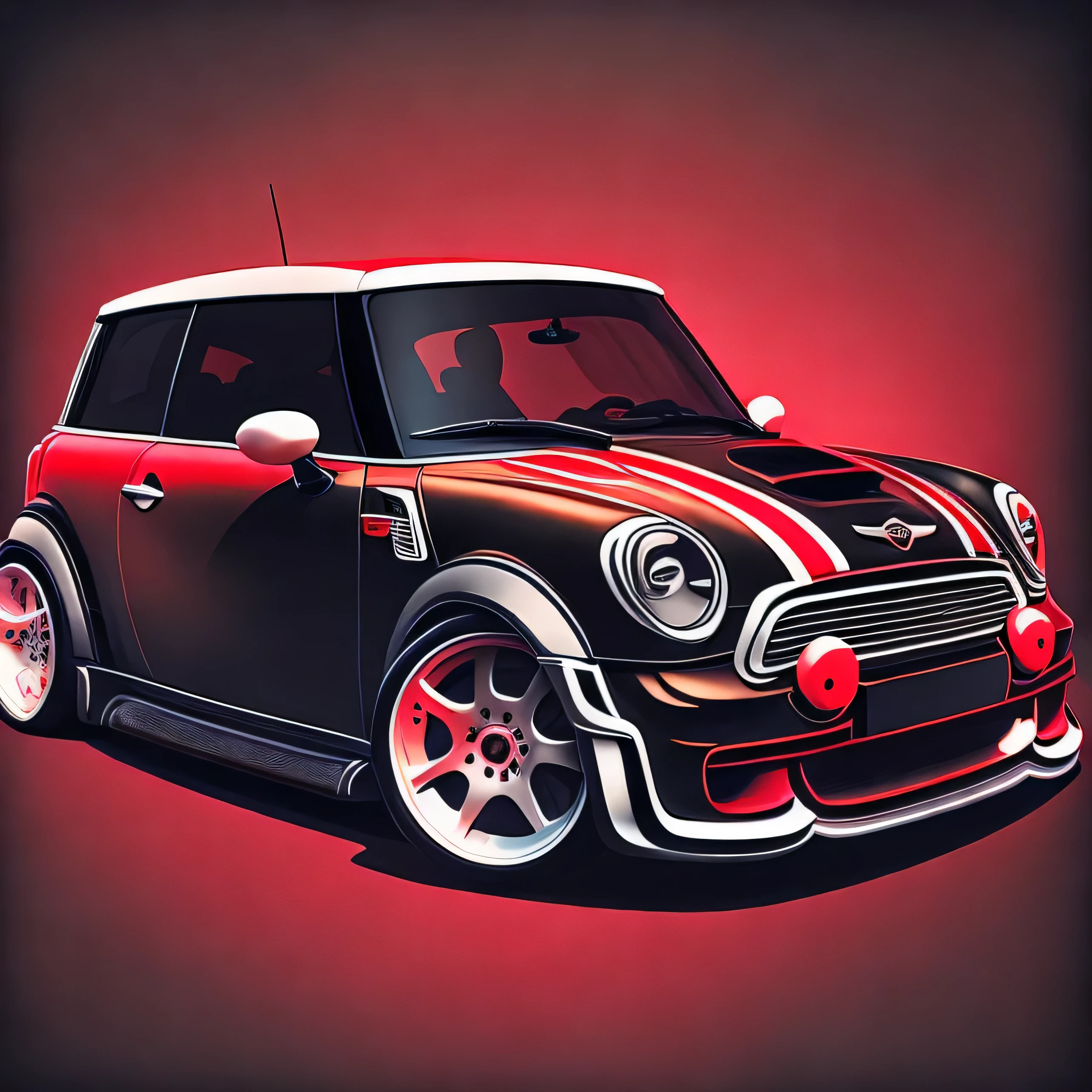 Artwork for t-shirt graphic design, a modern graphic design, Mini Cooper S R53, street, bold red color, background in vintage pastel tone, highly detailed clean, vector image, realistic masterpiece, professional photography, realistic car, car sunrise background, flat black background, isometric, vibrant vector