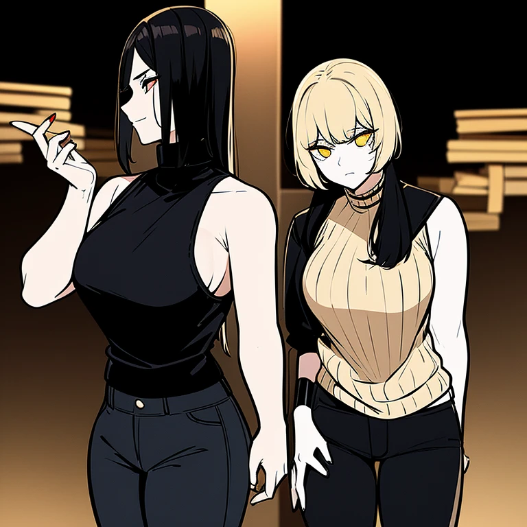 Woman with black hair that fades to blonde on the bottom tips, glowing golden eyes, bloody cuts and bruises along body, wearing black golden lined sleeveless sweater aswell as black jeans with golden lining