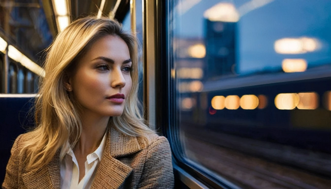 side view, ((half body )) portrait photo of a beautiful 35 years old european woman sitting on a train ((at dark night)) beside the window, wearing beige colored coat with white blouse, looking out the window of the train can see the moving houses of the megacity with colorful nightlights, reflective surfaces, city lights of the skyscrapers and reflections on the train's window. She is reflected in the train window. The train is travelling through in a megacity at night. She has (long wavy blonde hair blown in the wind), Award - winning photograph, Masterpiece, 16k, ultra high res, hyper detailed, vintage filter,sfumato, chiaroscuro, beautiful woman, perfect face, rule of thirds, highly detailed hair, ((detailed face)), ((detailed facial features)), (finely detailed skin), pale skin, intricate details, amazing fine detail, photorealistic, photograph, photorealism, rich colors, lifelike texture, neutral colors, Soft front light,cinematic lighting, dramatic lighting,dappled light on face, backlight on hair, sharp focus, wide angle, film grain, dslr, raw photo, photographed on Nikon