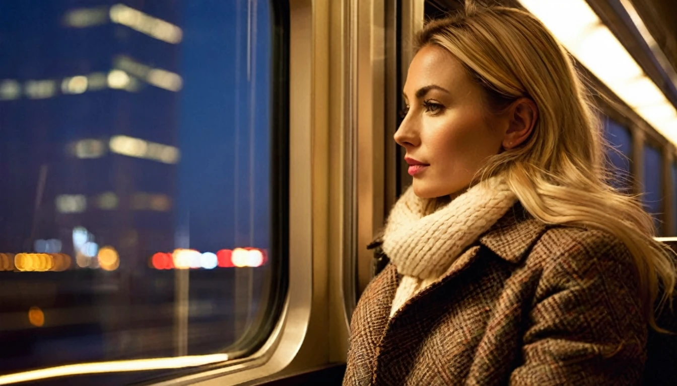 side view, ((half body )) portrait photo of a beautiful 35 years old european woman sitting on a train ((at dark night)) beside the window, wearing beige colored coat with white blouse, looking out the window of the train can see the moving houses of the megacity with colorful nightlights, reflective surfaces, city lights of the skyscrapers and reflections on the train's window. She is reflected in the train window. The train is travelling through in a megacity at night. She has (long wavy blonde hair blown in the wind), Award - winning photograph, Masterpiece, 16k, ultra high res, hyper detailed, vintage filter,sfumato, chiaroscuro, beautiful woman, perfect face, rule of thirds, highly detailed hair, ((detailed face)), ((detailed facial features)), (finely detailed skin), pale skin, intricate details, amazing fine detail, photorealistic, photograph, photorealism, rich colors, lifelike texture, neutral colors, Soft front light,cinematic lighting, dramatic lighting,dappled light on face, backlight on hair, sharp focus, wide angle, film grain, dslr, raw photo, photographed on Nikon