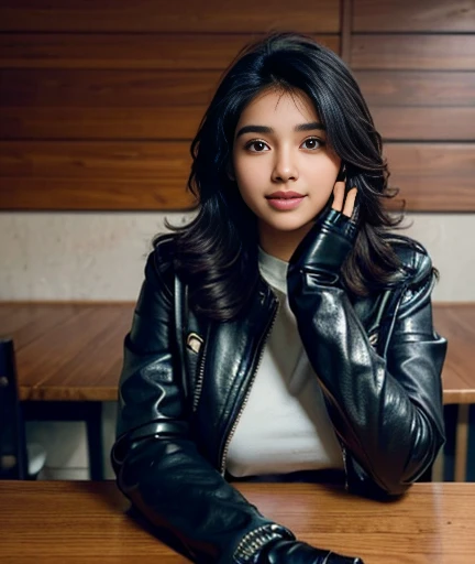 ((( Indian girl))), chubby face and charming hair, natural skin (((highly detailed face and skin texture, 8k, ultrarealistic))), ((Masterpiece: 1.3, best quality, crisp focus)), fit girl, expensive room, girl wearing leather jacket, sitting in a chair next to table, enjoying smoking, happy face, bear cup on table, boots, gloves