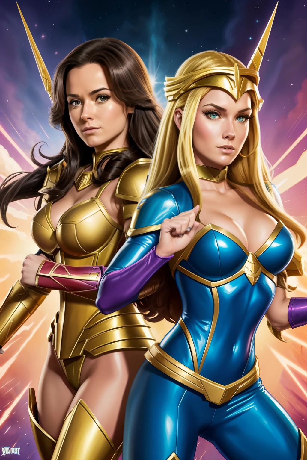 She-ra and April O'Neil, two iconic characters standing off against each other in a vibrant Vallejo style painting. The scene is set with rich colors and bold brushstrokes.Camera effects add a dynamic touch to the image, creating an illustrative depth that brings the characters to life.
She-ra, the strong and fearless princess of Eternia, is depicted in her iconic armor, her fierce gaze locked onto April. Her armored chest plate glints with gold details under the camera effect, while her long, flowing hair cascades down her back.
April O'Neil, the fearless journalist and friend of the age Mutant Ninja