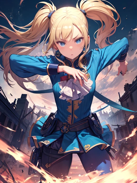 masterpiece, highest quality, bubble, Blue clothes, Blonde Pigtails, Pretty face, Highly detailed eyes, Intense expression, Fighting Pose, Destroyed city, A distant fire, Rising Smoke,