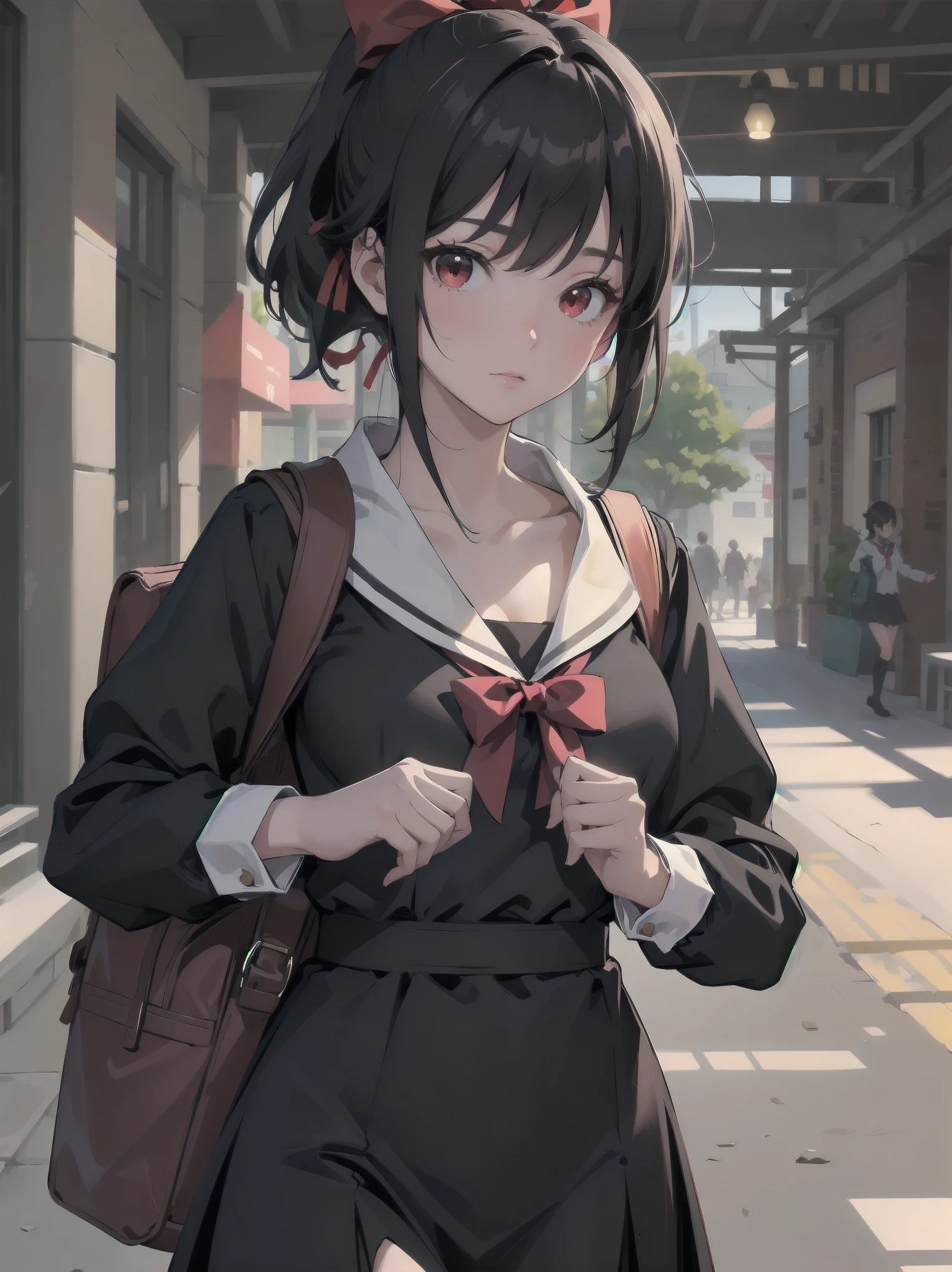 Masterpiece, top quality, super detailed, 16k, One girl, spring, high school, warm colors, school bag, accurate and highly detailed background, flock of schoolgirls in uniforms of various body shapes and hairstyles, cute. Blake. , red eyes, black hair, ribbon, red ribbon, hair ribbon, parted bangs, folded ponytail, , shuuchiin academy , dress, sidelocks, , black dress, collarbone, short hair, long sleeves