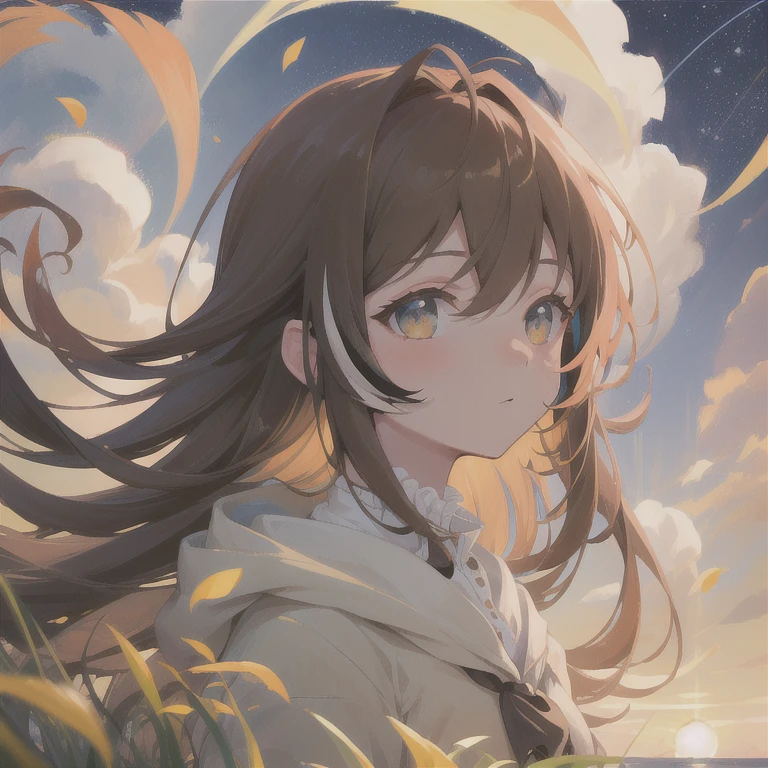 (figure: Nanashi Mumei), {brown hair}, (masterpiece:1.2), 1girl, solo, best quality, shiny skin, hyper detailed ultra high res, cute, looking at viewer, extremely detailed wallpaper, close up portrait, beautiful and delicate water, the finest grass, very delicate light, nature, painting, water spray, breeze, flowers and grass meadow, near the water edge, (sunset, starry sky in a circle), randomly distributed clouds, river, splashing water, falling petals