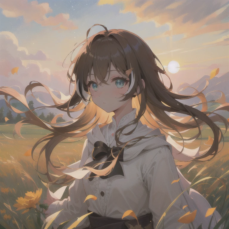 (figure: Nanashi Mumei), {brown hair}, (masterpiece:1.2), 1girl, solo, best quality, shiny skin, hyper detailed ultra high res, cute, looking at viewer, extremely detailed wallpaper, close up portrait, beautiful and delicate water, the finest grass, very delicate light, nature, painting, water spray, breeze, flowers and grass meadow, near the water edge, (sunset, starry sky in a circle), randomly distributed clouds, river, splashing water, falling petals