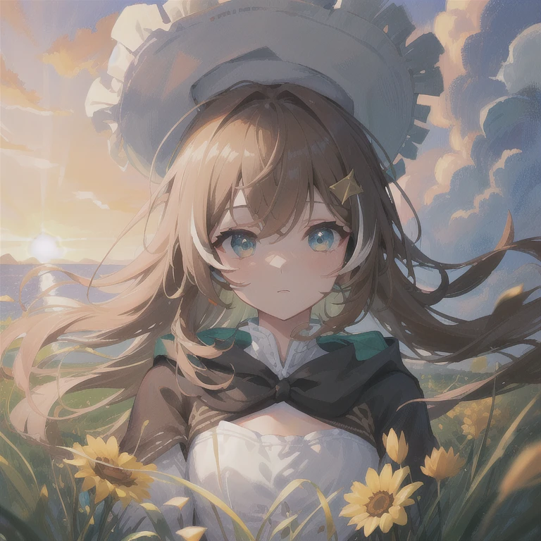 (figure: Nanashi Mumei), {brown hair}, (masterpiece:1.2), 1girl, solo, best quality, shiny skin, hyper detailed ultra high res, cute, looking at viewer, extremely detailed wallpaper, close up portrait, beautiful and delicate water, the finest grass, very delicate light, nature, painting, water spray, breeze, flowers and grass meadow, near the water edge, (sunset, starry sky in a circle), randomly distributed clouds, river, splashing water, falling petals