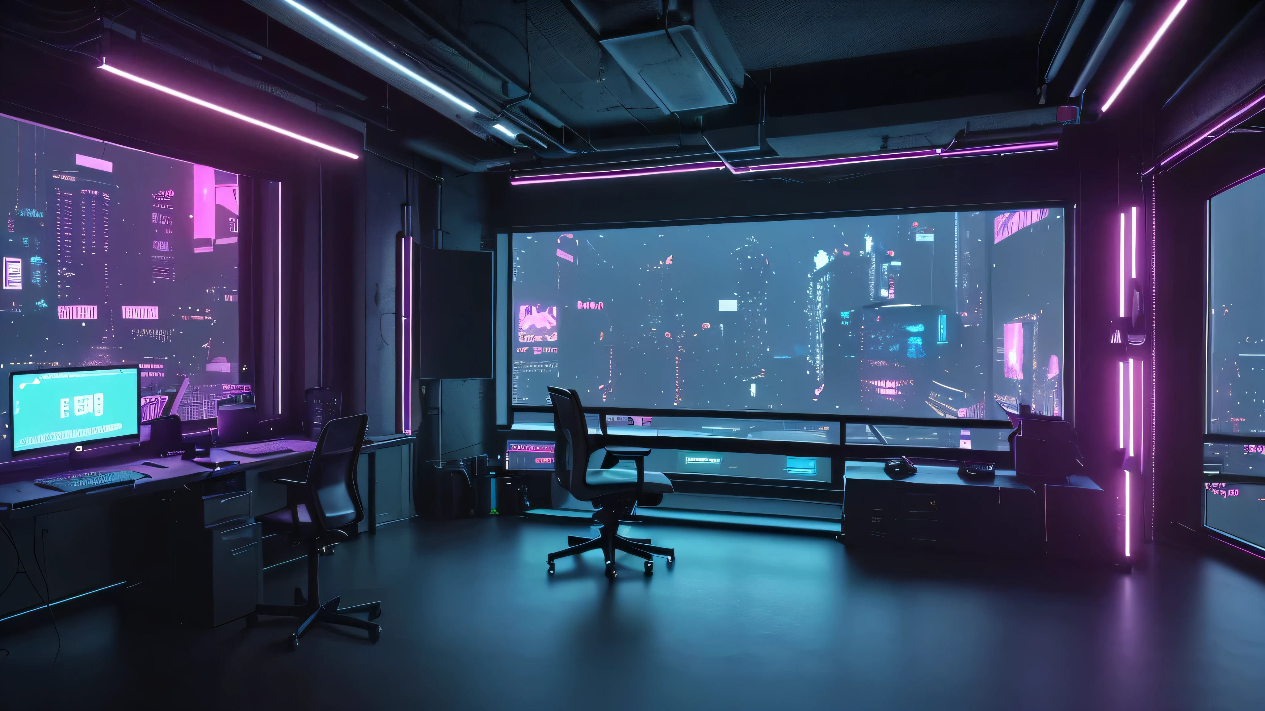 Realistic neon studio setup in the room，Cyberpunk Background，Front view，There is a big window behind，There is also a desk.。Do not show tasks and chairs。